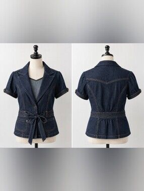 Y2K Vintage Short Sleeve Denim Jacket Blazer Cinched Tie Waist